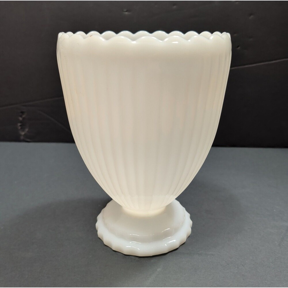 Vintage Napco 1188 White Striped Ribbed Milk Glass Compote Vase Scallop Edge